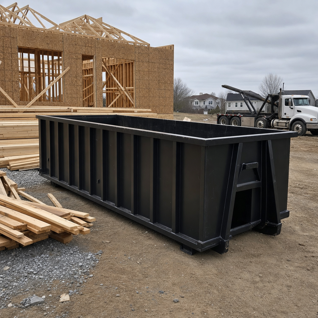 Matte-black 40-yard roll-off dumpster staged on a framed-out residential construction site in New Albany, framing lumber stacked nearby, hooklift delivery truck visible in the background under bright Colorado daylight