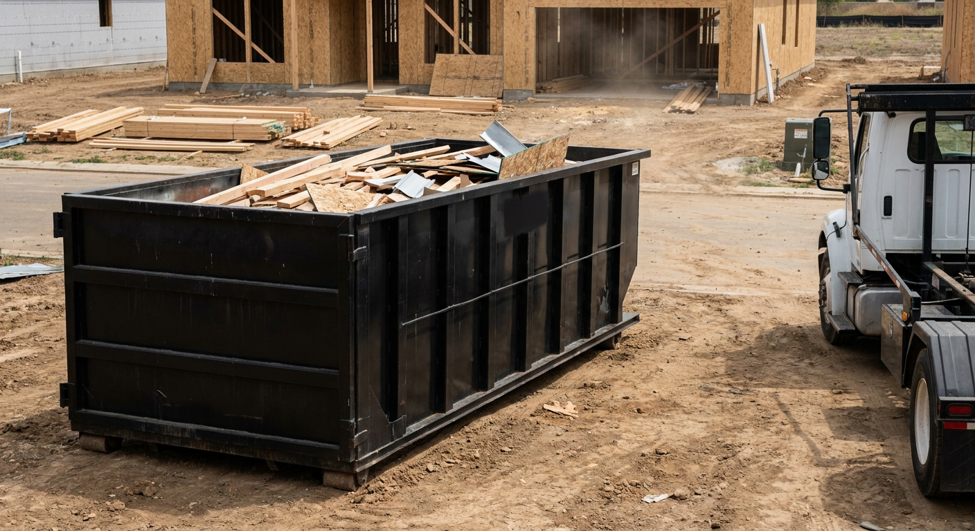 Matte-black 20-yard roll-off construction dumpster with heavy ribbed steel sidewalls and swing rear doors at a working jobsite in New Albany, sitting directly on compacted dirt with an unmarked white hauler partially visible at the far edge of the frame.