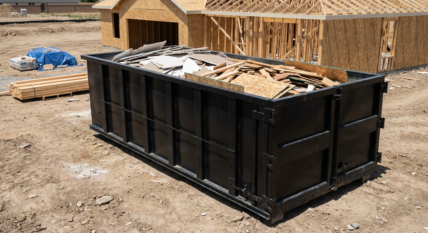 Matte-black 30-yard roll-off construction dumpster sitting directly on the compacted-dirt site of a framed single-family home build in New Albany, drywall and lumber scrap loaded inside.