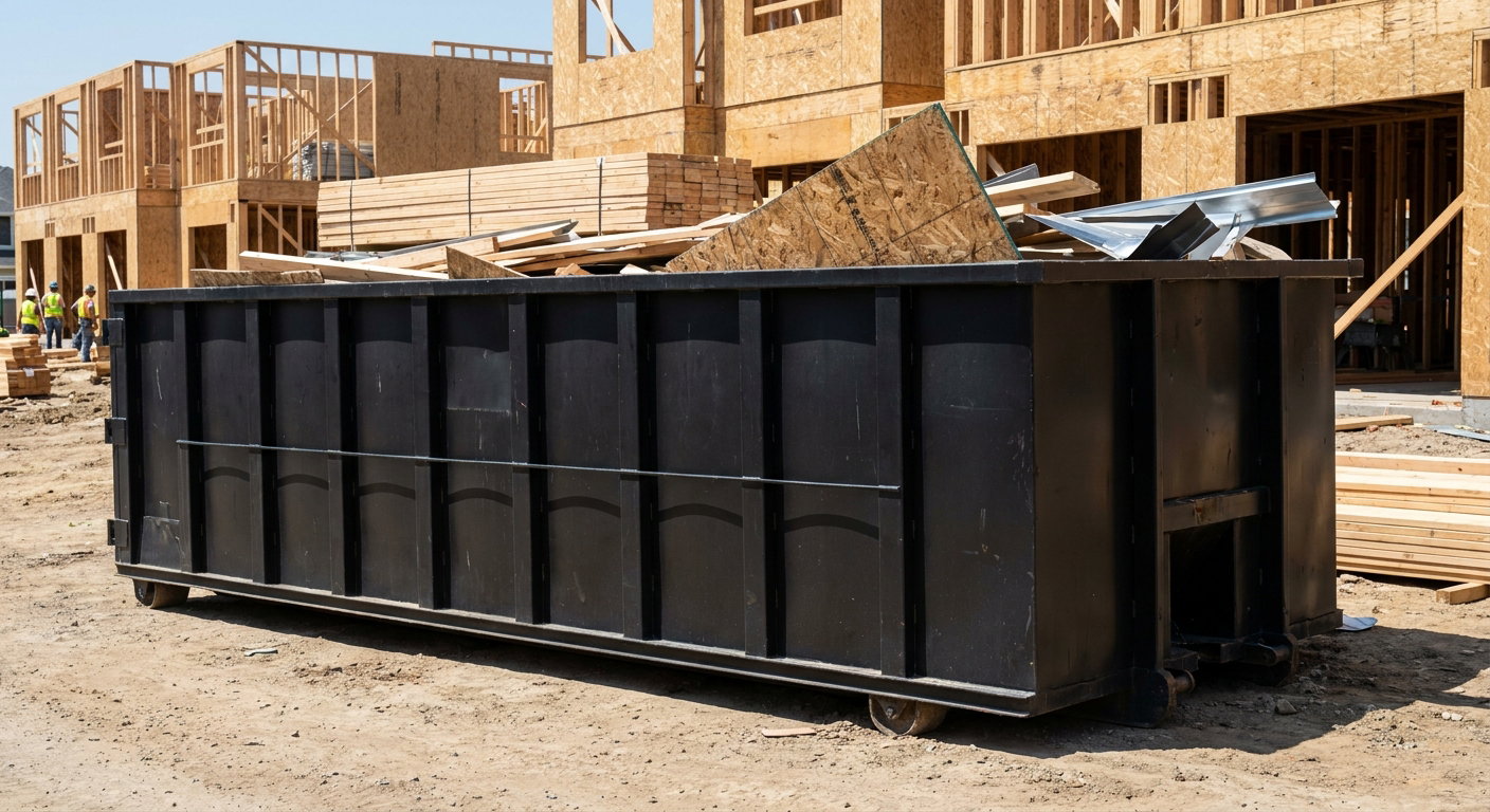 Matte-black 40-yard roll-off construction dumpster being lowered from a white-cab hooklift delivery truck onto the compacted-dirt jobsite at a commercial build site in New Albany
