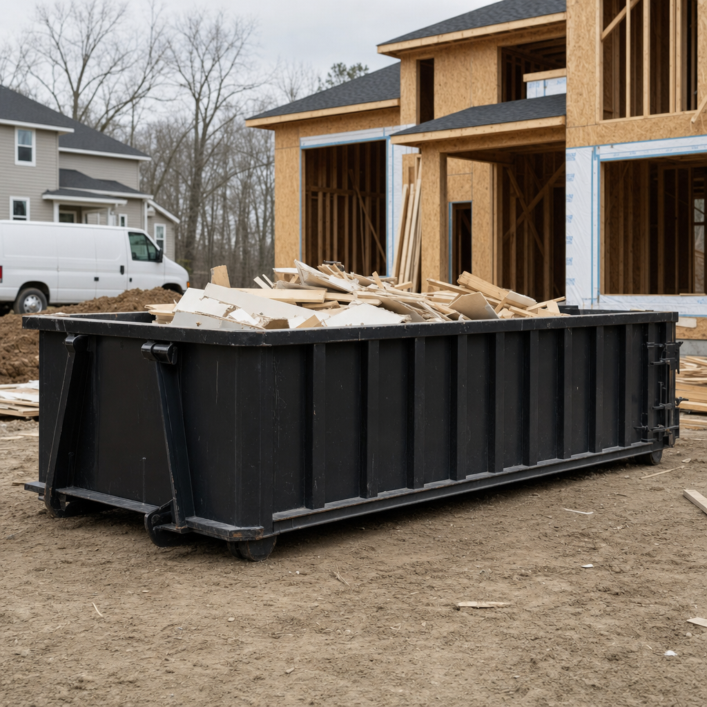 Worker in a yellow high-visibility vest tossing framing lumber and broken drywall into a matte-black 30-yard construction roll-off dumpster on an active build site in New Albany, bright daylight
