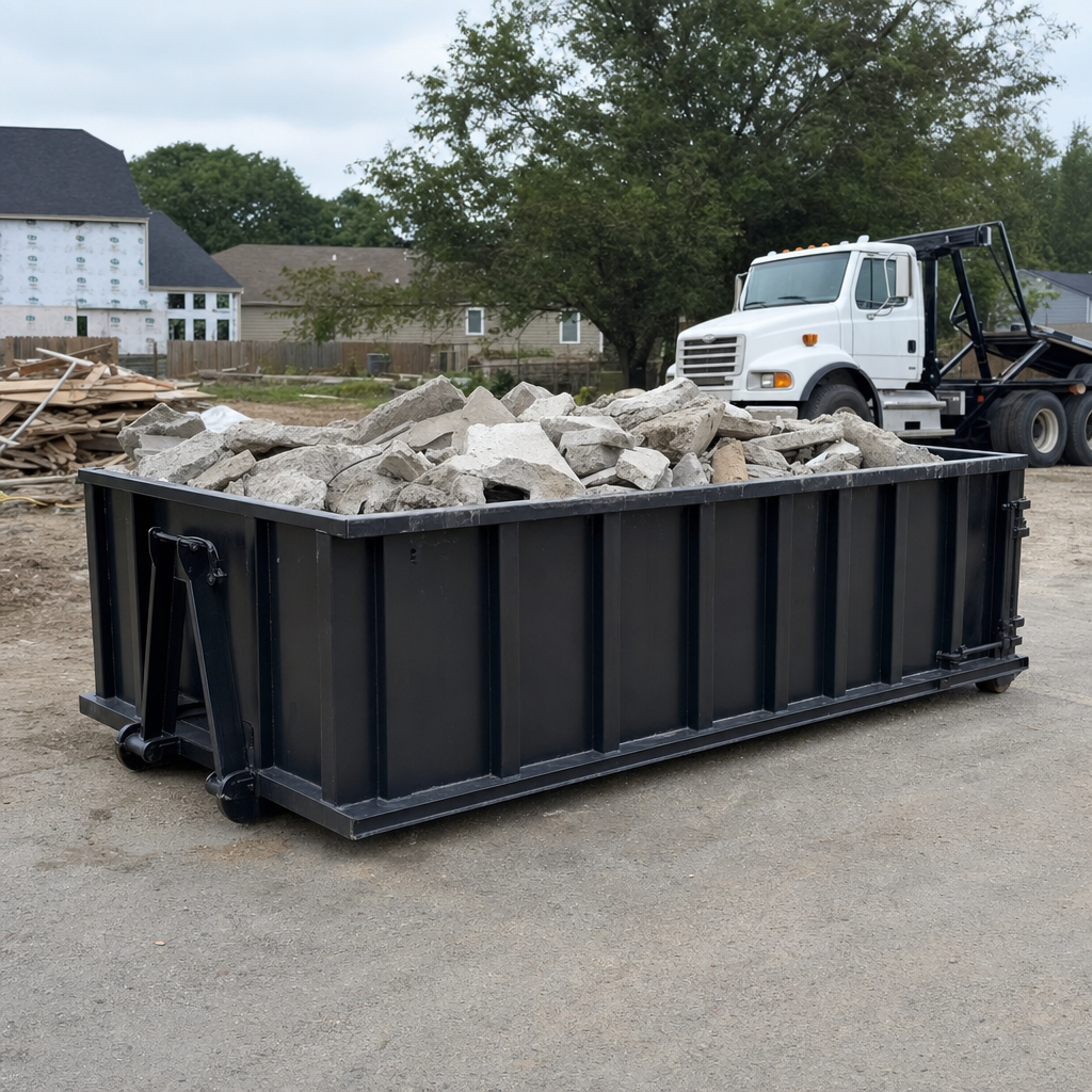 Low-profile matte-black lowboy roll-off dumpster loaded with broken concrete slab and rebar at a foundation tear-out in New Albany, skid steer parked beside it, sunny Colorado morning