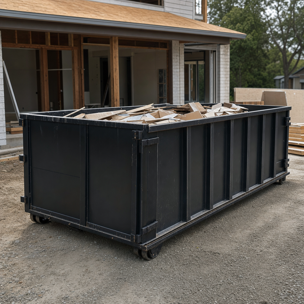 Large matte-black 30-yard construction roll-off dumpster at an active New Albany jobsite, steel-gray top rails and bottom rollers visible, loaded with construction debris.