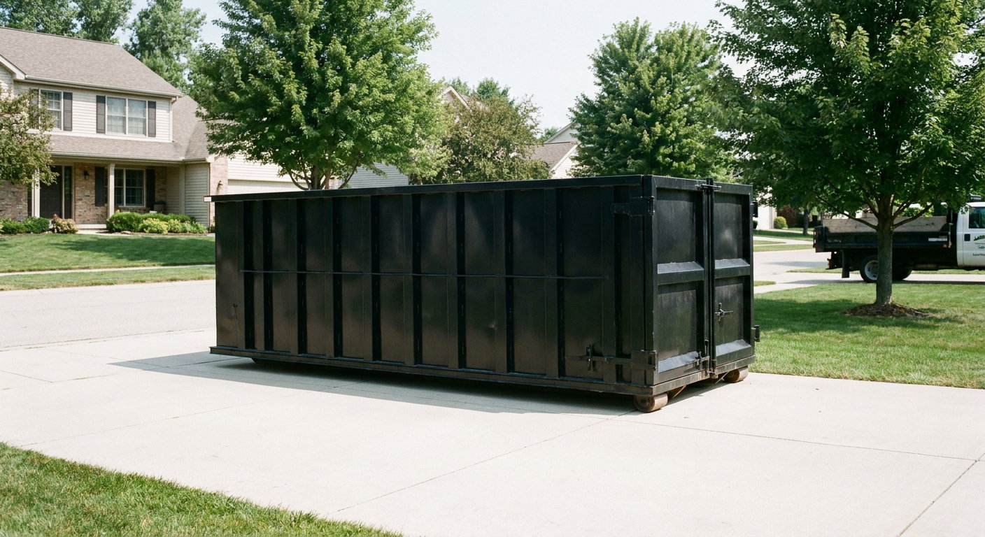 Matte-black 20-yard roll-off dumpster sitting level on a clean New Albany residential concrete driveway under bright daylight, demonstrating clean placement directly on the concrete.