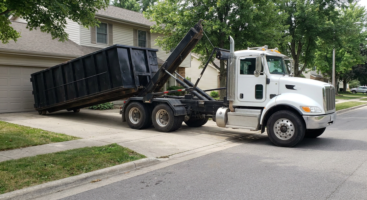 White-cab hooklift roll-off truck actively lowering a matte-black dumpster onto a New Albany residential concrete driveway, the dumpster's rear wheels touching the driveway as the hoist arm tilts the bed forward, mid-morning daylight.