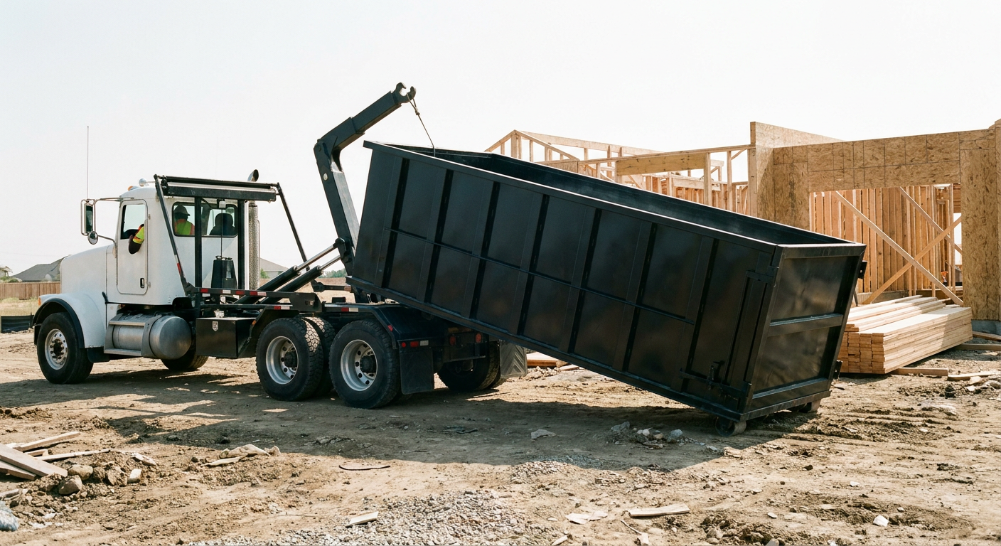 Matte-black roll-off dumpster being delivered onto a clean residential concrete driveway in New Albany by an unmarked white hooklift hauler truck, bright morning daylight, documentary 35mm perspective.