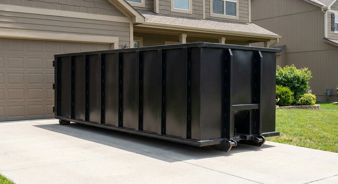 Matte-black residential roll-off dumpster sitting directly on a suburban New Albany concrete driveway, garage door closed, single-family home in background, bright morning daylight.