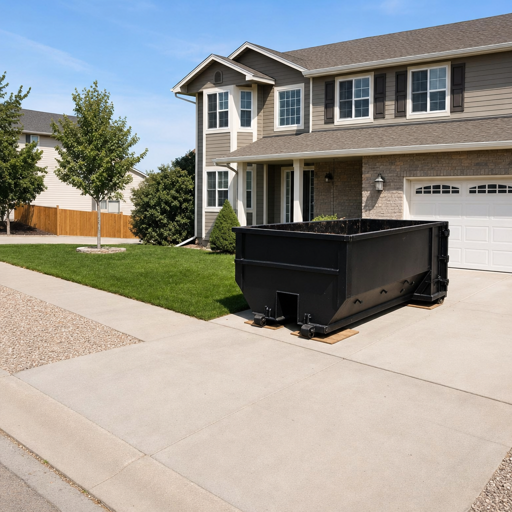 10-yard matte-black residential dumpster placed directly on a narrow New Albany concrete driveway, room remains for a parked sedan beside it, mid-morning natural light