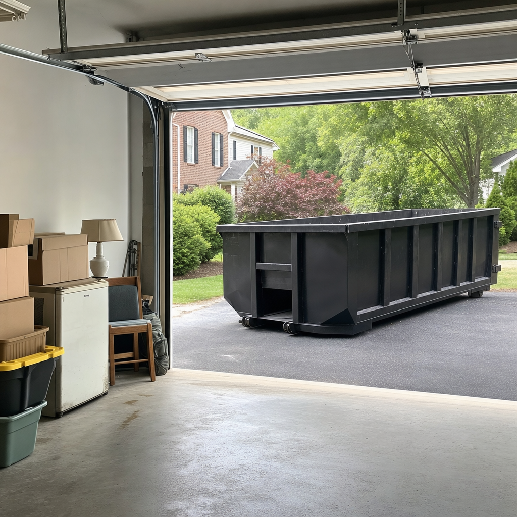 Open garage interior in a New Albany home mid-cleanout — boxed items, an old appliance, and stacked yard tools queued near the driveway for a matte-black roll-off dumpster, organized and calm