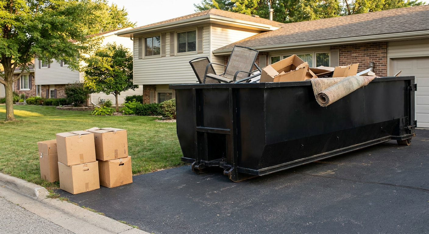 Front-yard view of a New Albany split-level home with a 20-yard matte-black roll-off dumpster sitting directly on the asphalt driveway, a few clearly labeled donation boxes staged at the curb, calm sunny afternoon.