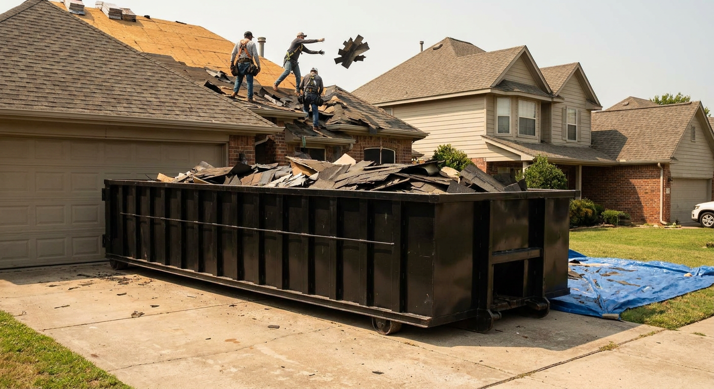 Matte-black roofing roll-off dumpster placed directly on a New Albany residential concrete driveway, a tear-off crew on a two-story asphalt-shingle roof tossing shingle bundles into the low-walled container, bright daylight, documentary 35mm perspective.