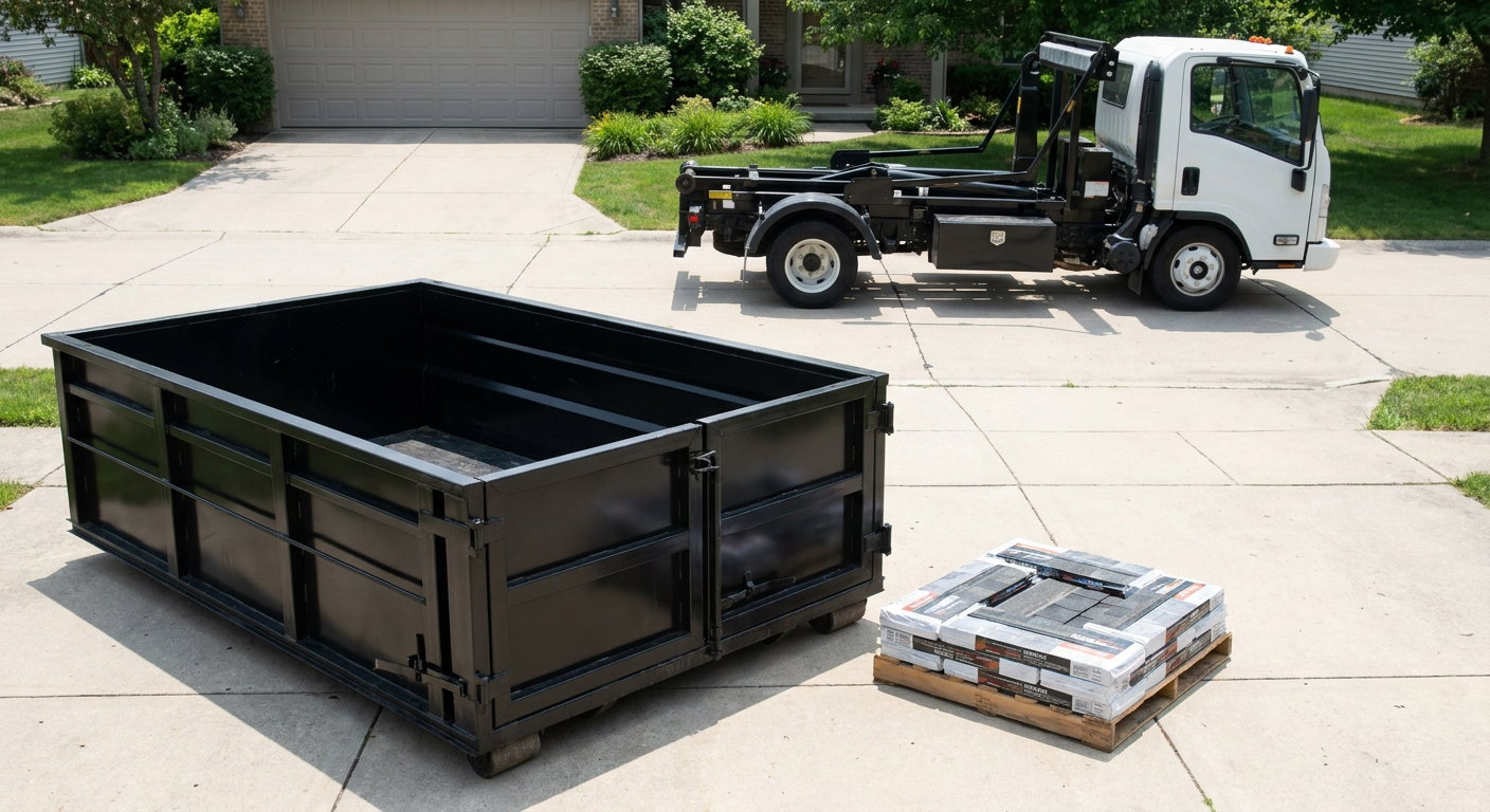 Matte-black 15-yard roofing roll-off dumpster with reinforced low side walls sitting directly on a New Albany residential concrete driveway, three-tab asphalt shingle bundles stacked nearby, an unmarked white hauler truck partially visible at the edge of the frame.