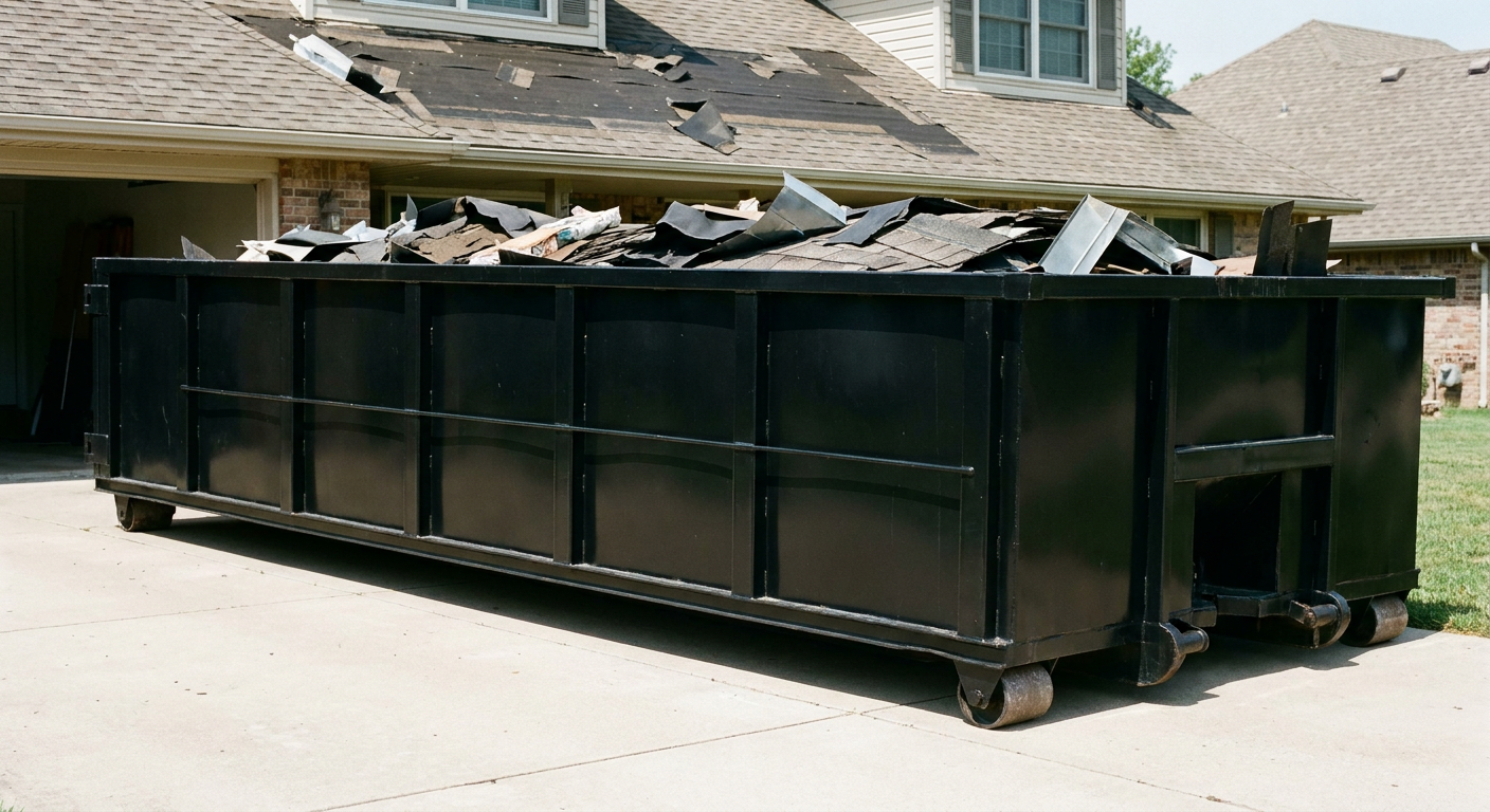 Matte-black 20-yard roofing roll-off dumpster with steel ribbed sides and swinging rear door, sitting directly on the concrete driveway of a two-story New Albany home, asphalt shingle debris being loaded over the low wall, clean documentary lighting.