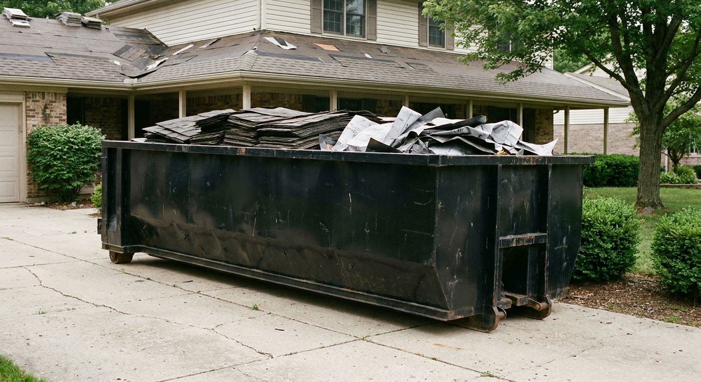 Matte-black 30-yard roofing roll-off dumpster sitting directly on a New Albany concrete driveway, taller ribbed steel side panels, mixed tear-off debris of asphalt shingles and underlayment inside, professional documentary daylight.
