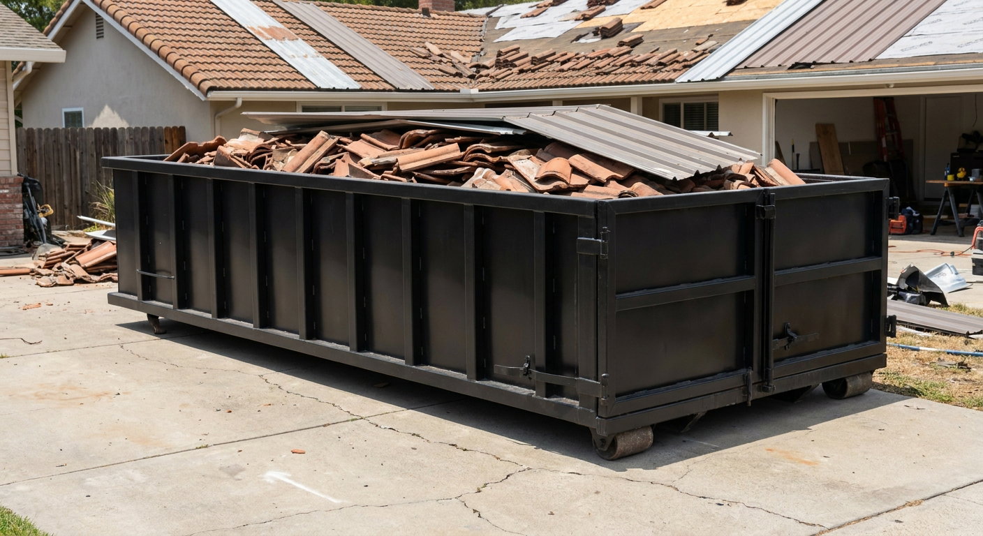 Matte-black low-wall heavy-debris roofing roll-off dumpster sitting directly on a New Albany concrete driveway, broken concrete clay roof tiles and metal panel sections loaded inside, reinforced ribbed steel side walls visible, bright outdoor daylight.