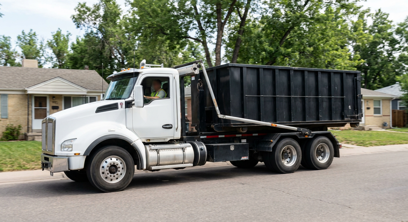 A wide documentary shot of a matte-black roll-off delivery truck pulling onto a quiet New Albany residential street at mid-morning, with neighborhood rooftops and tree-lined blocks visible behind, showing the metro coverage footprint.