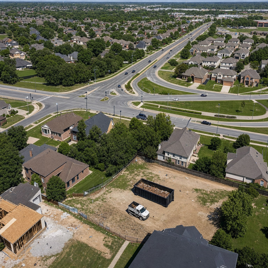 An overhead documentary view of the New Albany metro area at midday, showing the spread of neighborhoods, arterial roads, and the dispatch radius from a central yard — clean daylight, organized geographic layout.