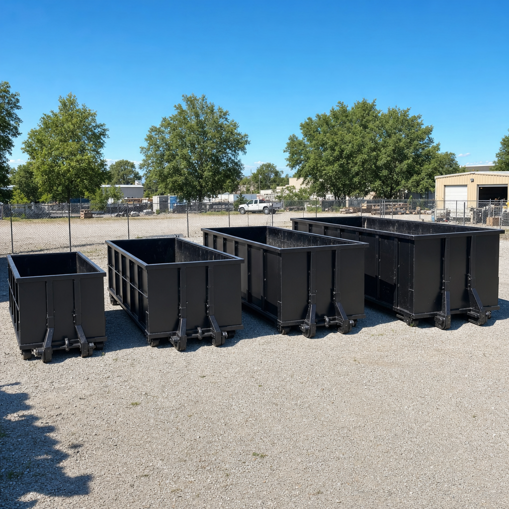 A clean lineup of matte-black roll-off dumpsters in 10, 20, 30, and 40-yard sizes staged on a sunlit gravel yard in New Albany, showing the size progression from compact to commercial-scale containers.
