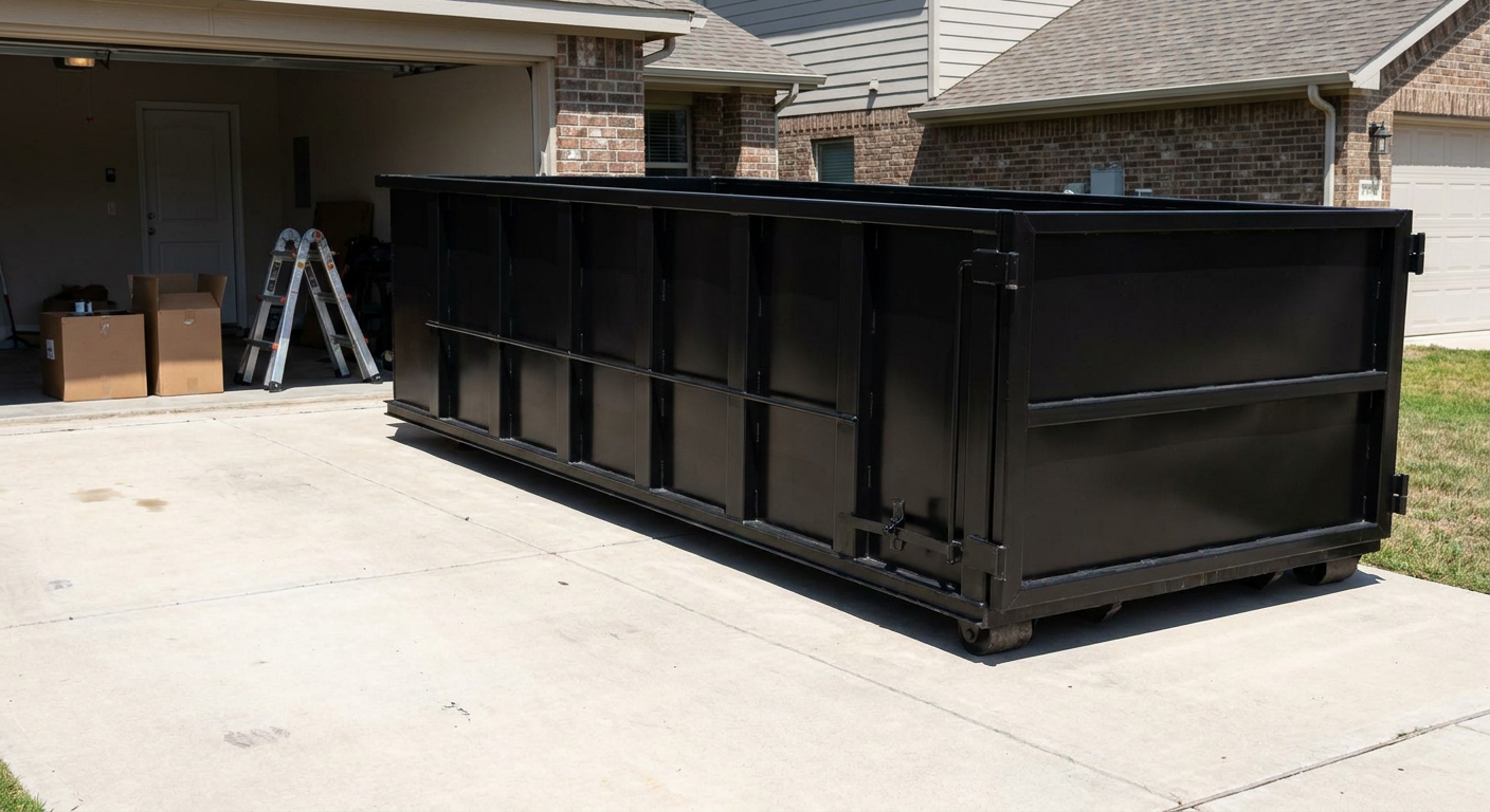 A matte-black 10-yard roll-off dumpster sitting directly on a residential New Albany concrete driveway, mid-day sunlight, clean and ready for a garage cleanout.