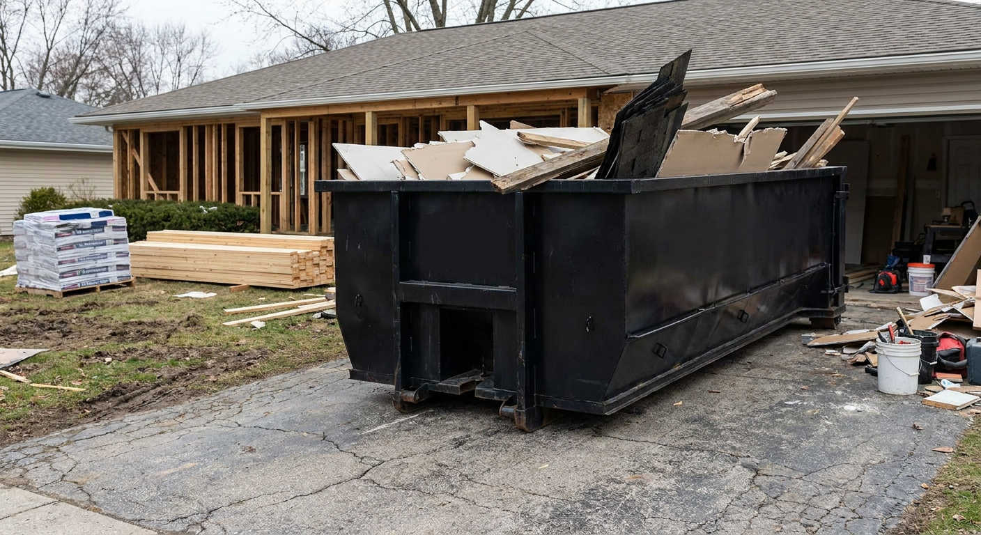 A matte-black 20-yard roll-off dumpster placed alongside a mid-renovation New Albany home directly on the asphalt driveway, with framing materials and torn-off shingles staged neatly nearby.