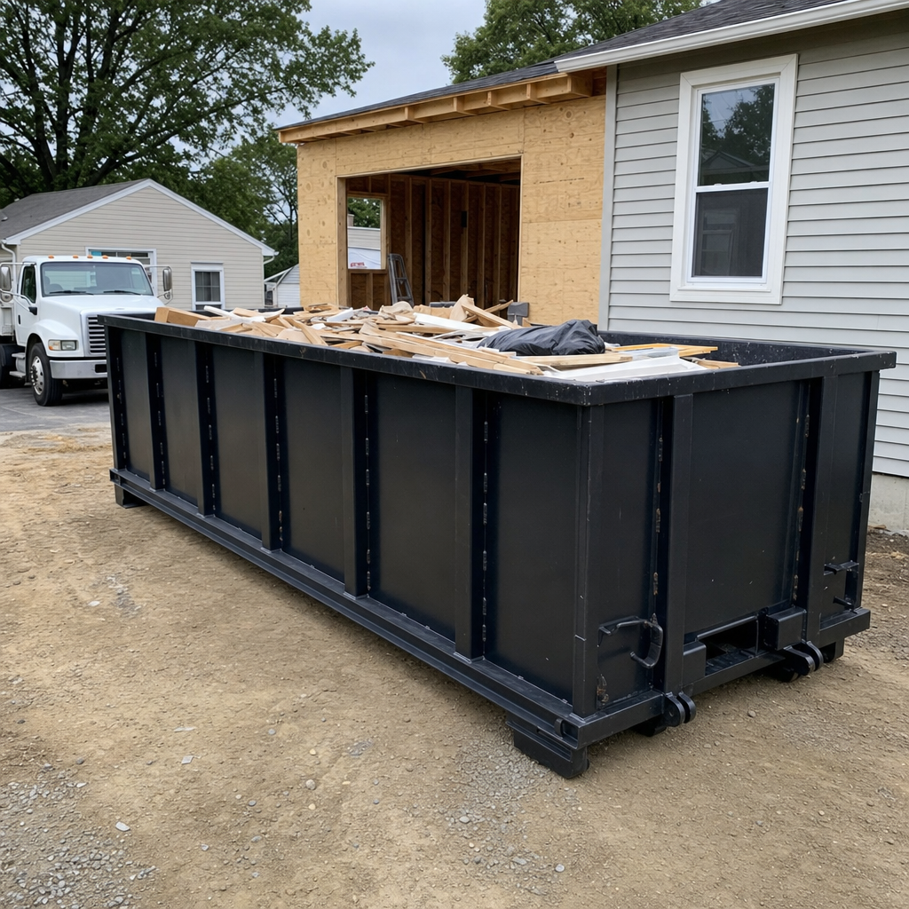 A matte-black 30-yard roll-off dumpster positioned at a New Albany residential addition jobsite, with framing lumber and drywall scraps loaded through the open swinging rear doors.