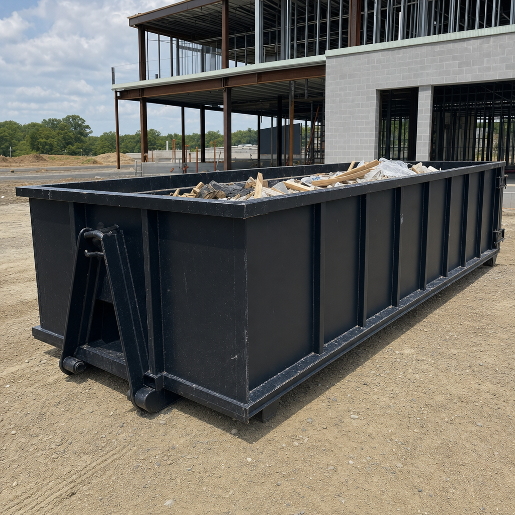 A matte-black 40-yard roll-off dumpster staged on a large New Albany commercial construction lot, with a hooklift delivery truck parked alongside under bright midday sky.