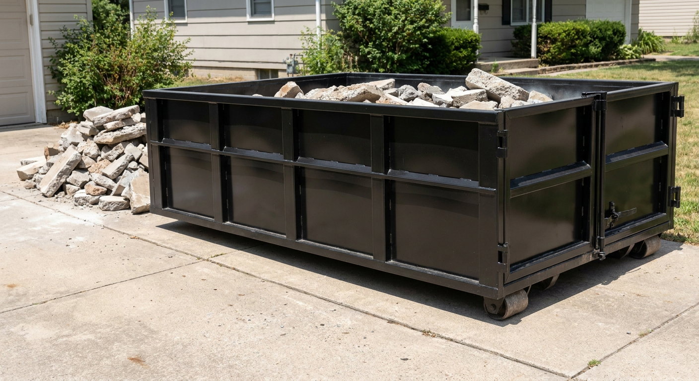 A matte-black low-side heavy-debris roll-off dumpster placed directly on a New Albany concrete driveway, with broken concrete chunks neatly stacked beside it under clean daylight.